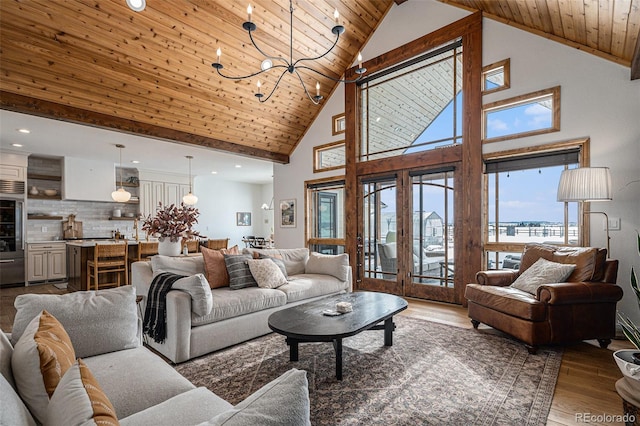 living room featuring dark wood-type flooring, wood ceiling, high vaulted ceiling, and a notable chandelier