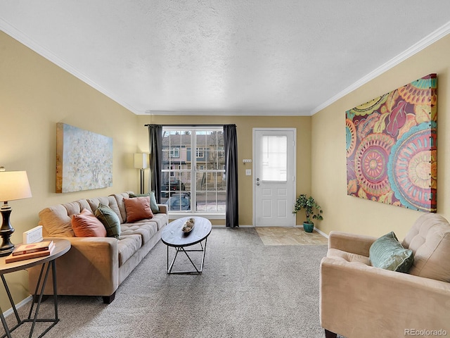 carpeted living room featuring crown molding and a textured ceiling