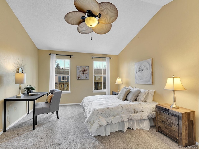 carpeted bedroom featuring ceiling fan, lofted ceiling, and a textured ceiling