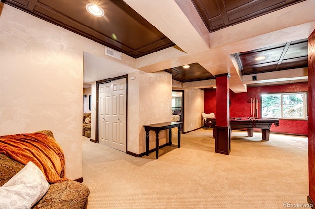 24036 E Kettle Pl, Aurora, CO 80016 - recreation room with coffered ceiling, carpet floors, billiards table, crown molding, and beam ceiling