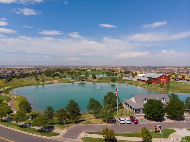 aerial view with a water view and a residential view