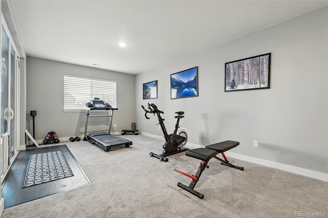 exercise area featuring carpet and baseboards