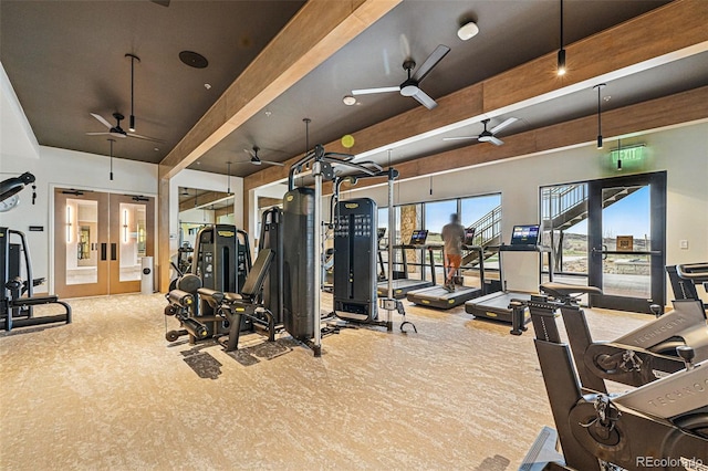 exercise room with ceiling fan, french doors, and carpet