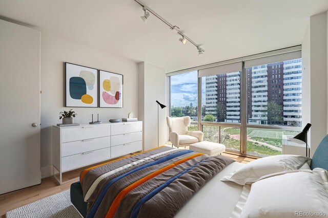 3100 E Cherry Creek S Drive 404, Denver, CO 80209 - bedroom featuring rail lighting, light wood finished floors, and a wall of windows