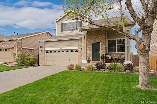 10475 E Abilene St, Commerce City, CO 80022 - view of front of house with brick siding, concrete driveway, a garage, and a shingled roof