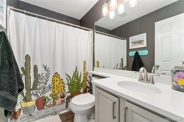 10475 E Abilene St, Commerce City, CO 80022 - bathroom with toilet, vanity, a chandelier, wood finished floors, and curtained shower