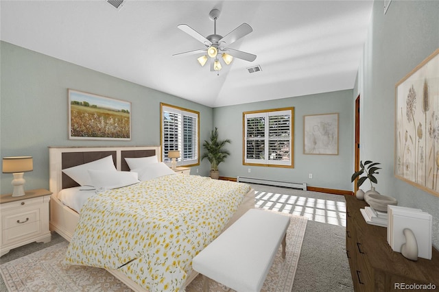 bedroom with a baseboard radiator, lofted ceiling, and ceiling fan