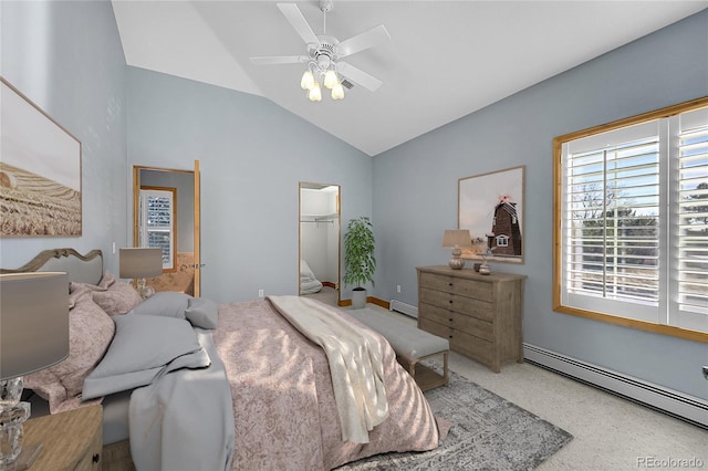 bedroom with a baseboard radiator, vaulted ceiling, ceiling fan, and a closet