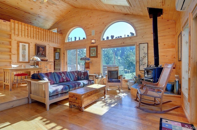 1111 Red Feather Rd, Cotopaxi, CO 81223 - living area featuring a wood stove, high vaulted ceiling, wood walls, hardwood / wood-style floors, and wooden ceiling