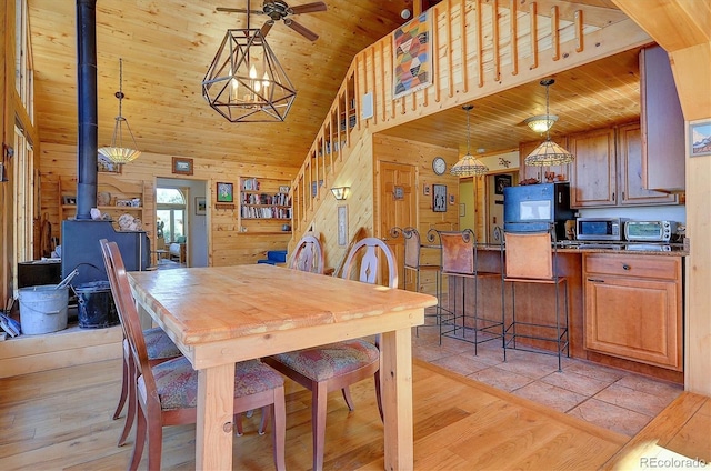 1111 Red Feather Rd, Cotopaxi, CO 81223 - dining room with wooden ceiling, a wood stove, wood walls, light wood finished floors, and ceiling fan