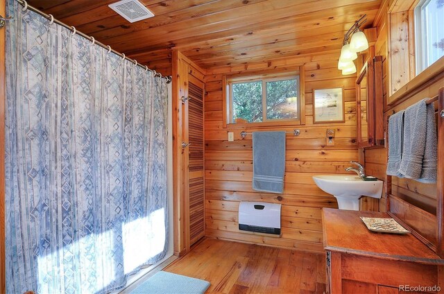 1111 Red Feather Rd, Cotopaxi, CO 81223 - full bath with wood finished floors, a sink, wooden walls, and wooden ceiling