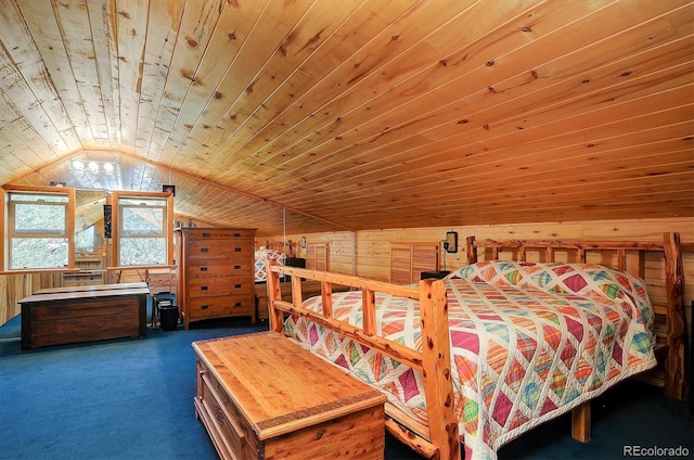 1111 Red Feather Rd, Cotopaxi, CO 81223 - bedroom with wooden ceiling, lofted ceiling, dark colored carpet, and wooden walls