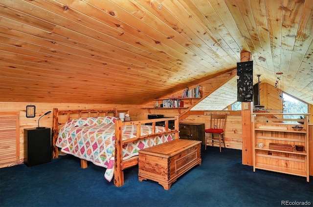1111 Red Feather Rd, Cotopaxi, CO 81223 - bedroom featuring wood ceiling, vaulted ceiling, wooden walls, and carpet
