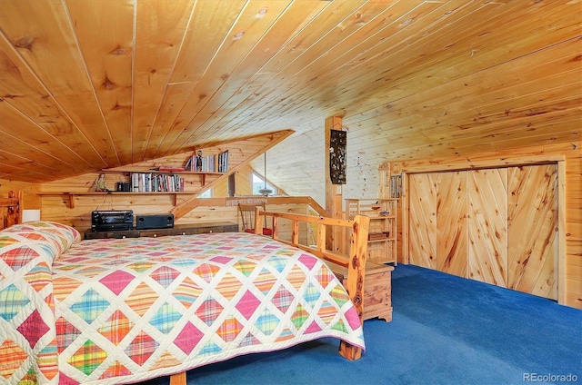 1111 Red Feather Rd, Cotopaxi, CO 81223 - carpeted bedroom featuring wood walls, lofted ceiling, and wooden ceiling