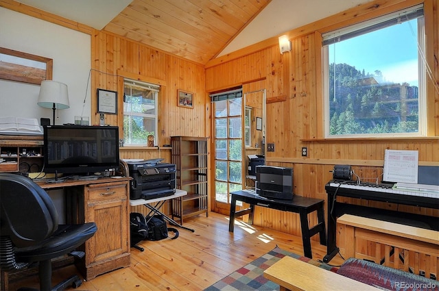 1111 Red Feather Rd, Cotopaxi, CO 81223 - office area featuring vaulted ceiling, light wood finished floors, wooden walls, and wooden ceiling