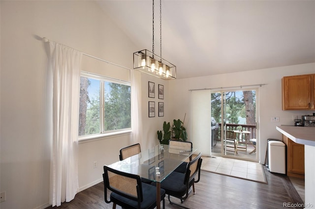 121 Aspen Dr, Woodland Park, CO 80863 - dining space featuring wood finished floors, high vaulted ceiling, and a chandelier