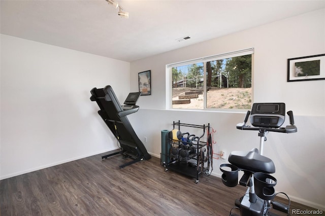 121 Aspen Dr, Woodland Park, CO 80863 - exercise room featuring wood finished floors and baseboards