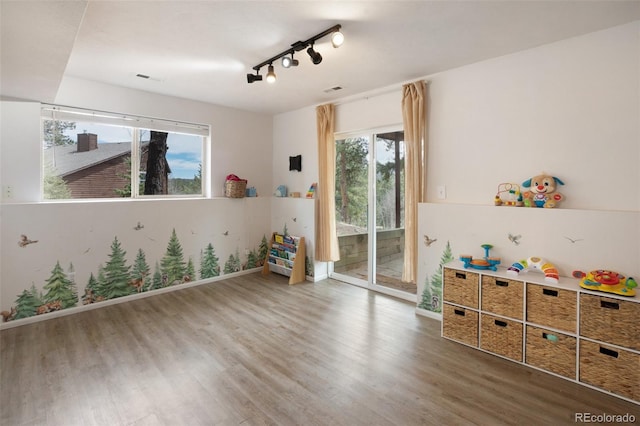 121 Aspen Dr, Woodland Park, CO 80863 - recreation room with baseboards, wood finished floors, and rail lighting