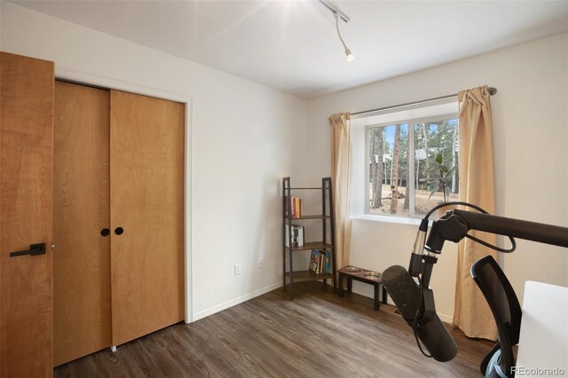 121 Aspen Dr, Woodland Park, CO 80863 - workout room featuring wood finished floors, track lighting, and baseboards