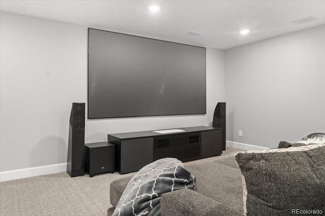 home theater with light carpet