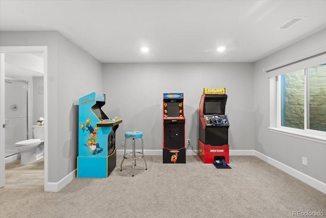 recreation room featuring recessed lighting, carpet, and baseboards