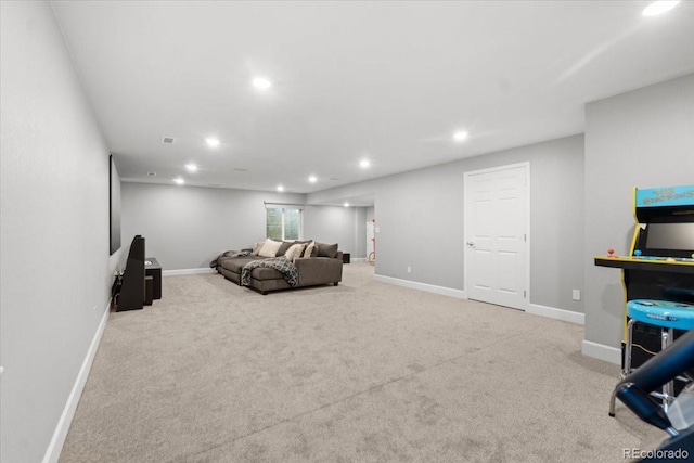 living area featuring visible vents, carpet flooring, recessed lighting, and baseboards