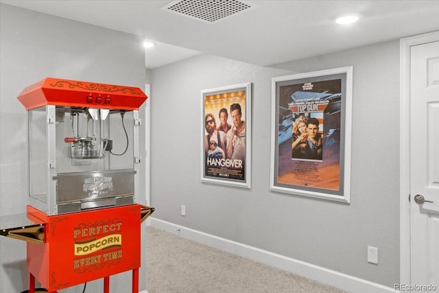 playroom with recessed lighting, carpet flooring, visible vents, and baseboards