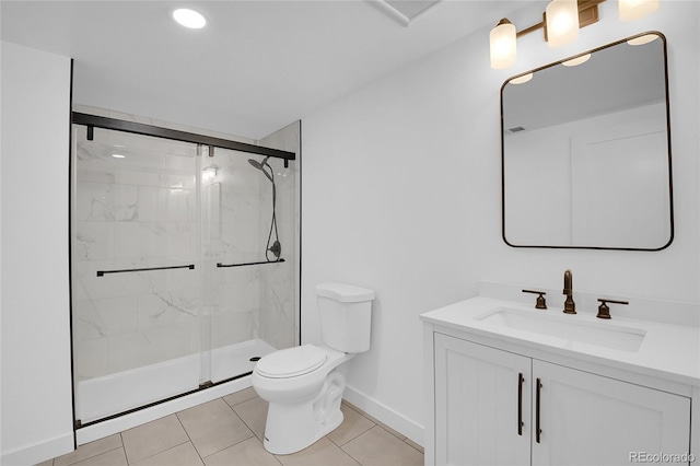 bathroom with tile patterned floors, walk in shower, toilet, and vanity