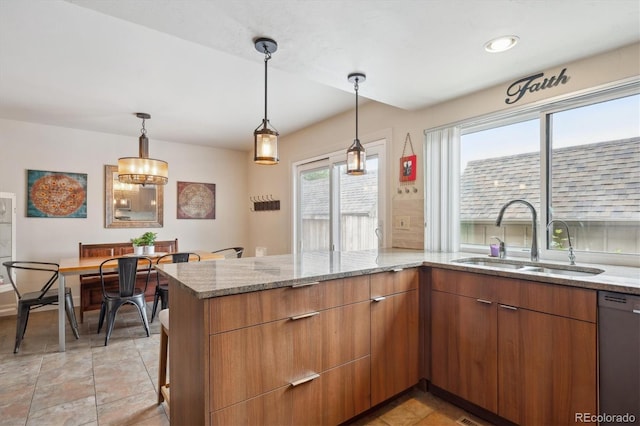8170 E Phillips Cir, Centennial, CO 80112 - kitchen with a sink, dishwashing machine, a peninsula, light stone countertops, and pendant lighting