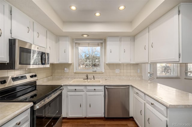 kitchen with white cabinets, a tray ceiling, stainless steel appliances, light countertops, and a sink