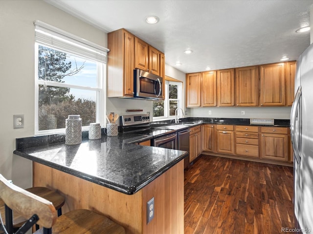 kitchen with stainless steel appliances, dark wood-type flooring, plenty of natural light, and a peninsula