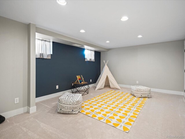 playroom featuring carpet, recessed lighting, and baseboards