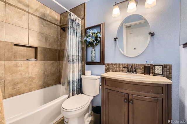 4054 S Olathe Ct, Aurora, CO 80013 - full bathroom featuring backsplash, vanity, shower / bath combo, and a textured wall