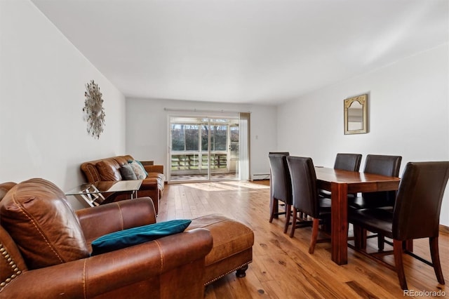 living room with a baseboard radiator and light wood-type flooring