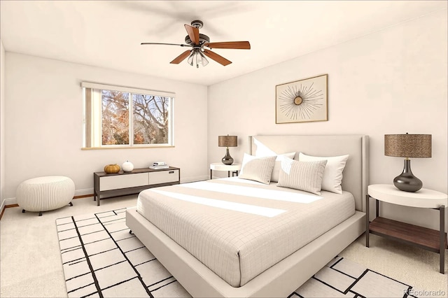 bedroom featuring baseboards, a ceiling fan, and light colored carpet