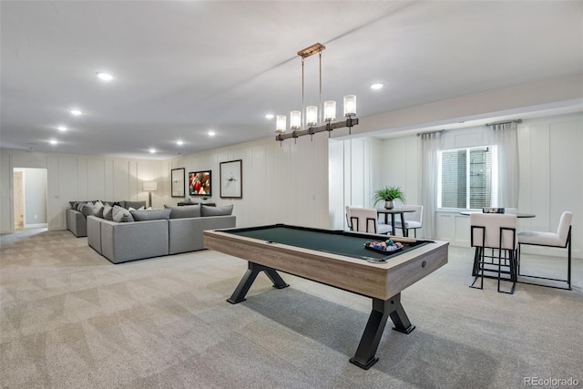 rec room featuring pool table and light carpet