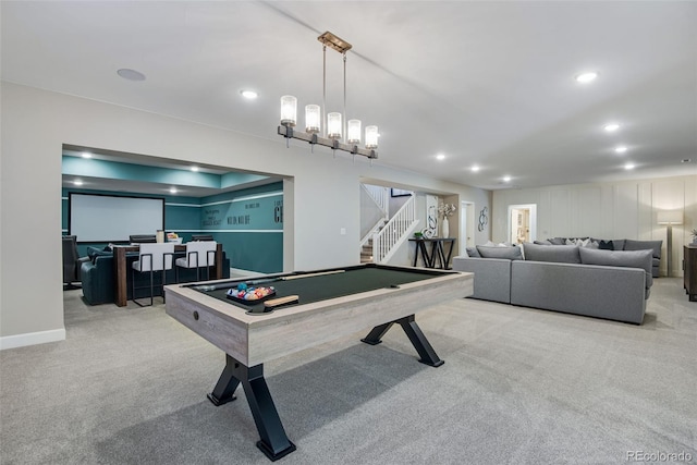 recreation room with billiards, light carpet, and indoor bar