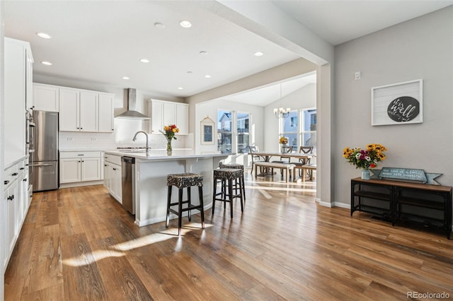 kitchen featuring white cabinetry, backsplash, stainless steel appliances, an island with sink, and wall chimney exhaust hood