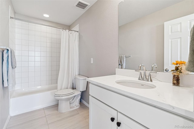 full bathroom with vanity, tile patterned flooring, shower / bath combo, and toilet