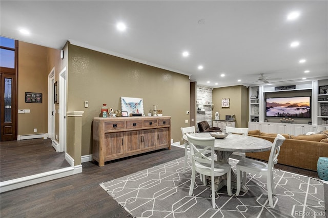 dining space featuring recessed lighting, a ceiling fan, a baseboard heating unit, and dark wood-style floors