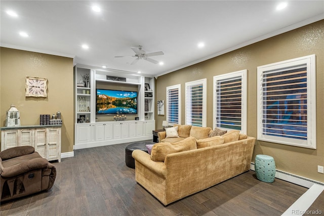 living room featuring crown molding, ceiling fan, recessed lighting, and dark wood-type flooring