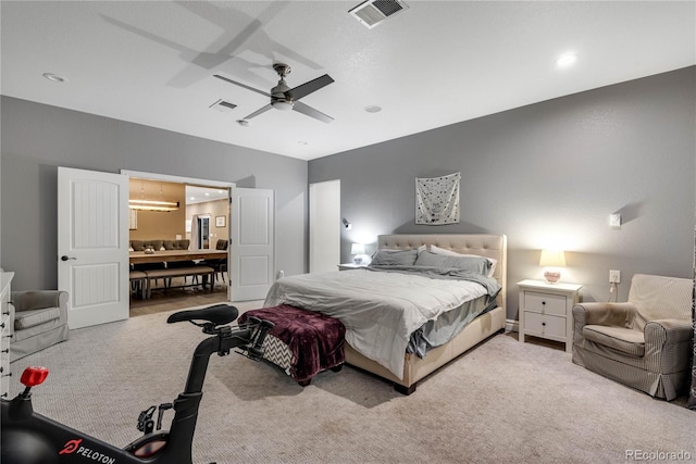 bedroom featuring visible vents, recessed lighting, carpet, and ceiling fan
