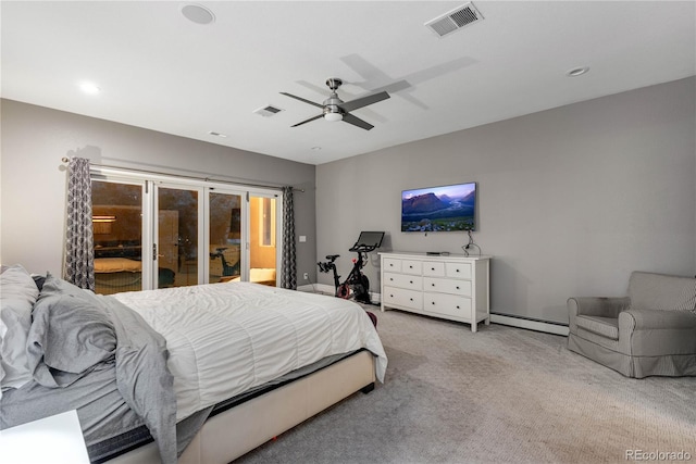 bedroom with a baseboard radiator, light colored carpet, access to outside, and visible vents
