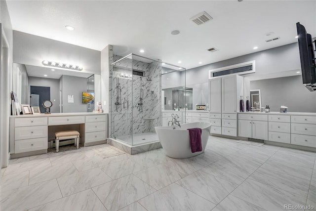 bathroom featuring visible vents, a marble finish shower, marble finish floor, and vanity