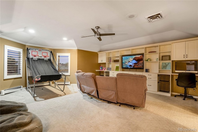 living room with visible vents, a ceiling fan, a baseboard radiator, and light colored carpet