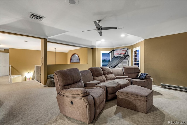 carpeted home theater featuring visible vents, ornamental molding, ceiling fan, and recessed lighting