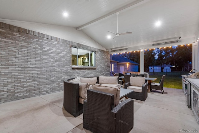 view of patio / terrace featuring a ceiling fan, outdoor dining space, and an outdoor living space