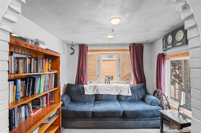 living area with a textured ceiling