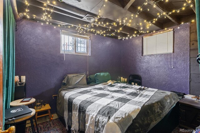 bedroom with a textured wall