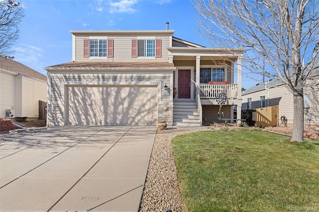 20466 Willowbend Ln, Parker, CO 80138 - view of front of property with a garage, covered porch, driveway, and a front lawn